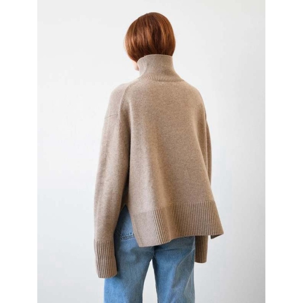 White + Warren Fawn Heather Cashmere Blend Rib Trim Stand Collar Size S